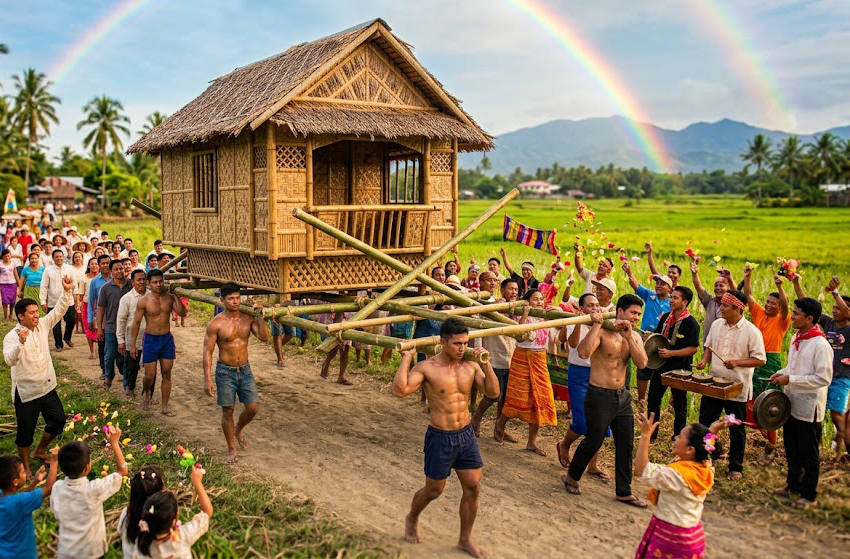Bayanihan, truyền thống dời nhà thú vị của Philipin. Cả làng đi đón tân gia