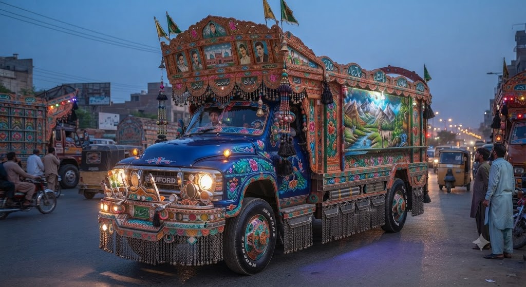 Đặc sắc nghệ thuật trang trí xe tải. Một chiếc xe tải Pakistan đang đi trên đường