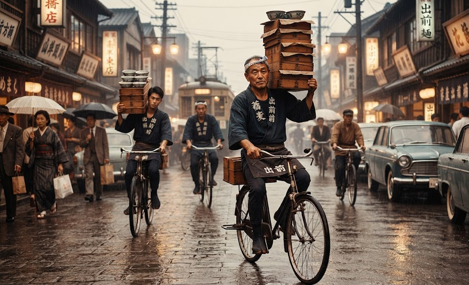 Điệu nghệ giao mỳ soba bằng xe đạp ở Nhật Bản. Những người giao mỳ với những khay mì lênh khênh