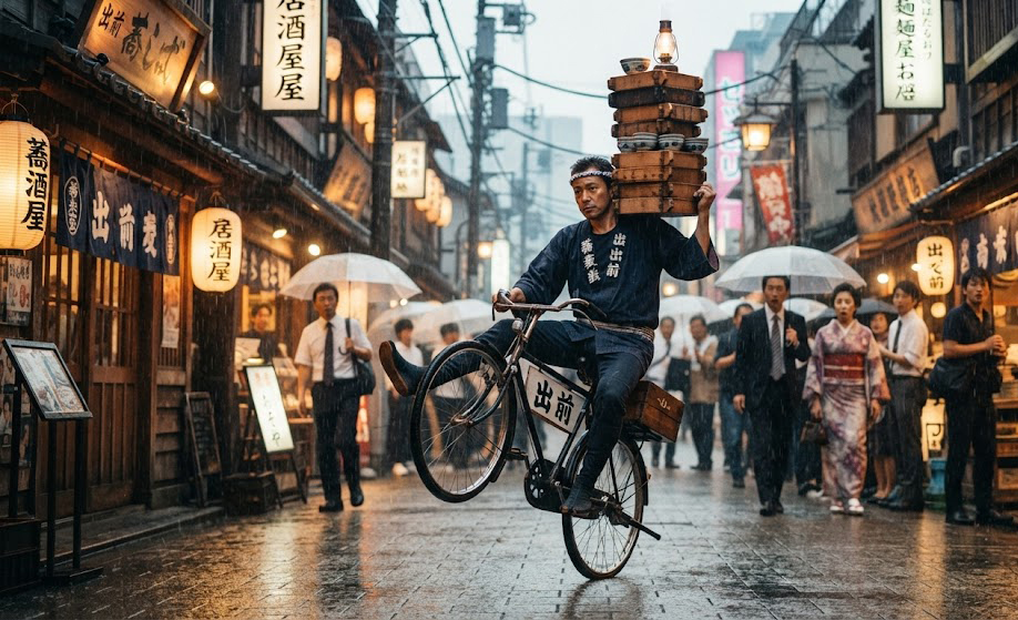 Điệu nghệ giao mỳ soba bằng xe đạp ở Nhật Bản. Một người đang biểu diễn nghệ thuật trước công chúng